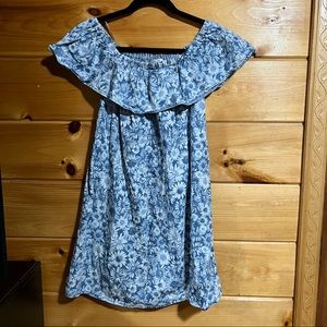 Love Fire Blue Off The Shoulder Dress With Ruffle Detail With Sunflowers